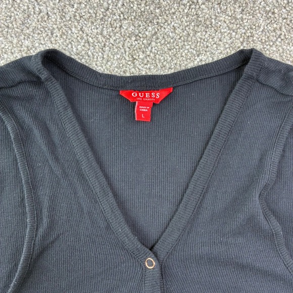 Guess Tops - Guess Womens Black Ribbed Henley Tank Top V-Neck Sleeveless Large Y2K Goth Moto